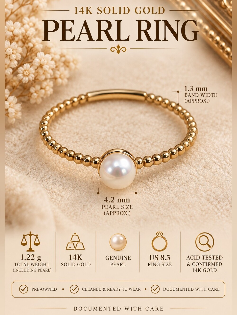 14K Solid Gold Pearl Ring • Size 8.5 • 1.22g • Acid Tested